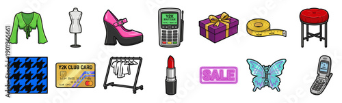 Cartoon Flat Vector Y2K Fashion Elements Graphic Set for Retro Boutique Branding and Scrapbooking