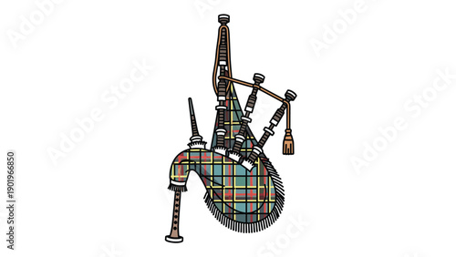 Detailed illustration of traditional Scottish bagpipes, adorned with an authentic tartan pattern, symbolizing Scottish heritage, music, and cultural identity.
