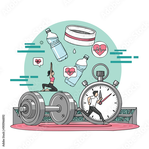 Fitness and healthy lifestyle elements with people exercising.