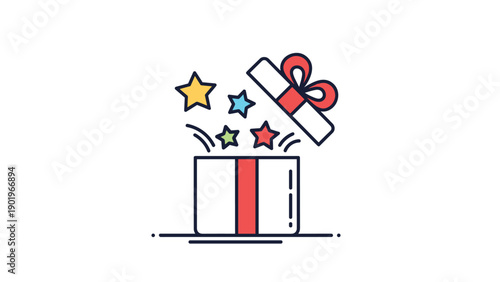 Vibrant open gift box with sparkling stars bursting out, symbolizing an exciting surprise, a thoughtful present, or a special promotional offer, igniting joy and anticipation.