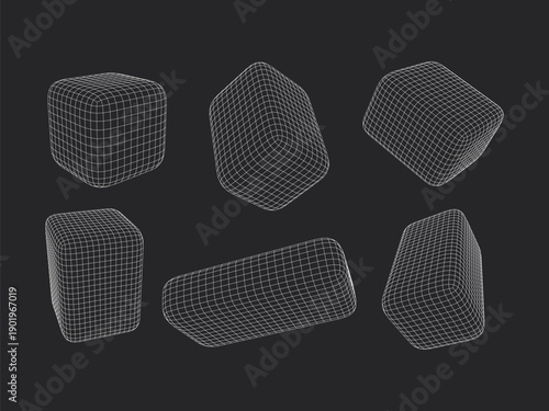 Set of 3D wireframe cubes and rectangles in different angles. Abstract geometric grid shapes for tech, digital data and cyber design. Vector linear mesh elements on black background.