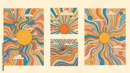 Collection of vibrant psychedelic abstract art pieces, featuring swirling wavy lines, a stylized sun, and whimsical clouds, presented in multiple poster formats for a retro aesthetic.