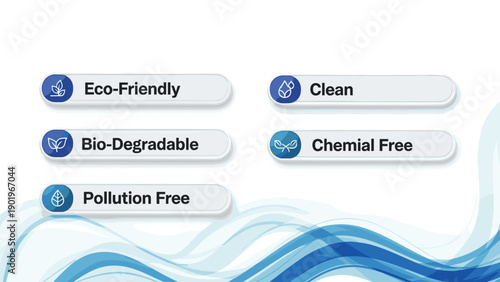 Collection of eco-friendly, clean, biodegradable, pollution-free, and chemical-free badges and labels on a white and blue background.