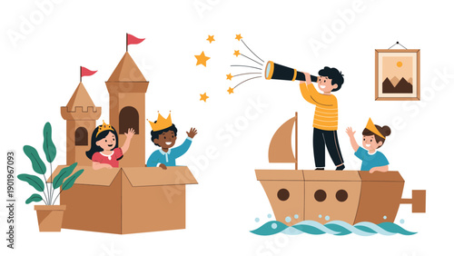 Happy children playing imaginatively with cardboard boxes, transforming them into a fairytale castle and a adventurous pirate ship.