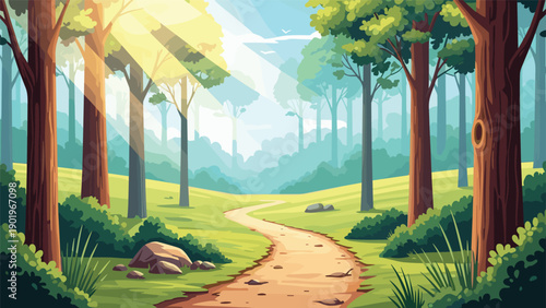 Serene winding dirt path through a vibrant green forest, illuminated by shafts of sunlight filtering beautifully through tall trees.
