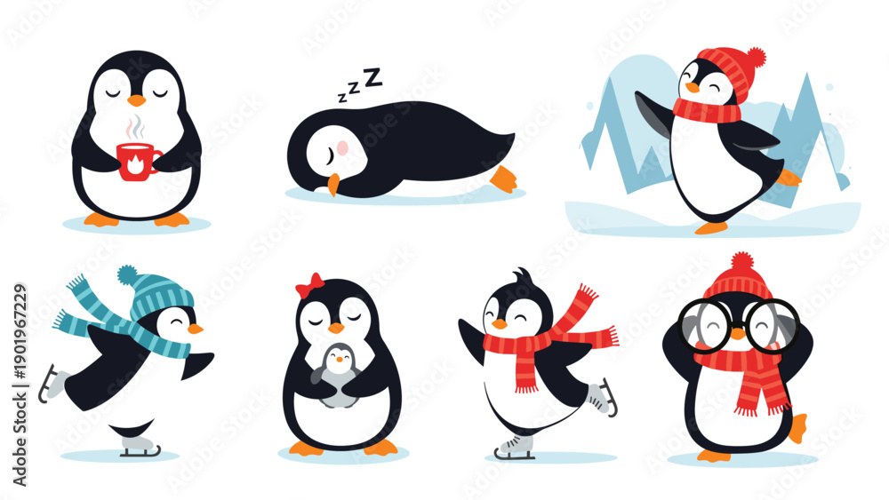 Obraz premium Adorable collection of eight cartoon penguins engaging in various charming activities, including drinking, sleeping, and ice skating.
