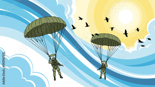 Two adventurous parachutists descending gracefully through a bright, sun-drenched sky with fluffy clouds and flying birds.