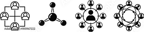 Team network icon set, user connection symbols, community collaboration structure, social interaction concept, flat vector illustration, business communication design system