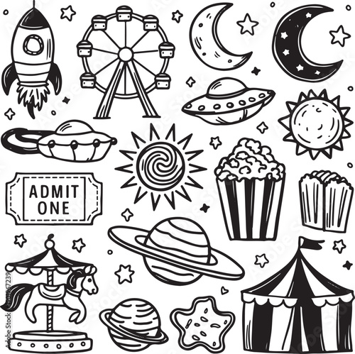 Hand-drawn carnival and outer space doodle set featuring amusement park rides, planets, stars, and circus elements on white background.
