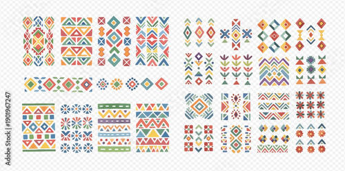 Colorful set of ethnic tribal geometric patterns and borders for textile design.