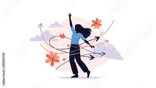 Silhouette of a joyful woman with arms outstretched, surrounded by dynamic arrows and colorful flowers, symbolizing freedom and new directions.