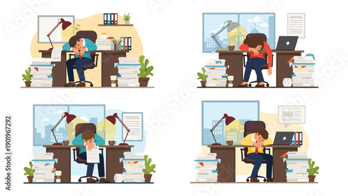 Four illustrations depicting an exhausted office worker overwhelmed by excessive paperwork, falling asleep at the desk from burnout.