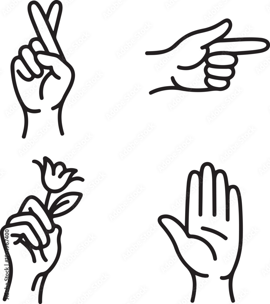 Obraz premium Four simple line of hands in different gestures hand gestures line simple peace sign
