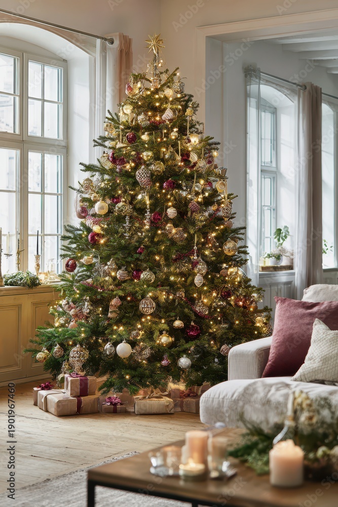 Fototapeta premium Weihnachtsbaum in leuchtenden Farben, dicht geschmÃ¼ckt, festliche Wohnzimmerecke