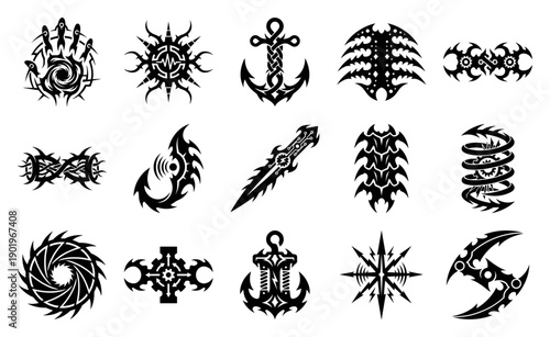 Cyberpunk Biomechanical Tribal Tattoo Graphic Set for Sci-Fi Gaming and Alternative Body Art Apparel