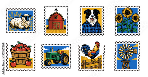 Vintage Illustrated Farm Life Postage Stamp Collection for Countryside Branding and Rural Scrapbooking