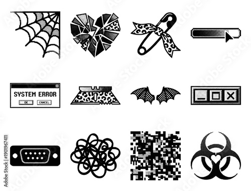 Pixelated Halftone Grunge Graphics Element Kit for Cybery2k and Dark Coquette Aesthetic Digital Design