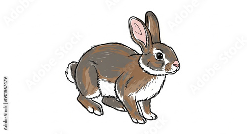 Brown Rabbit Standing Isolated White Background Cute Animal Illustration.