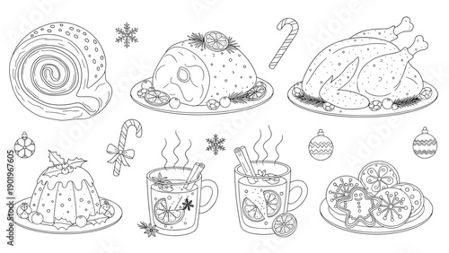 Delightful collection of traditional Christmas food items, featuring roasted turkey, festive pudding, and warm mulled wine.
