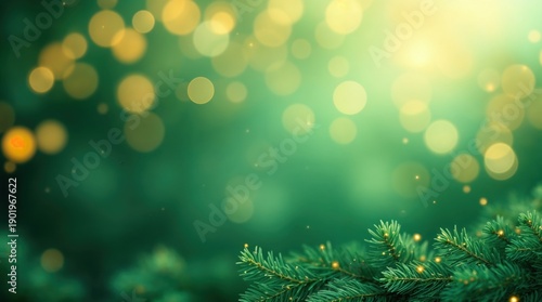 Christmas holiday background with festive golden bokeh lights. Green pine tree branches in foreground. Winter season celebration with copy space