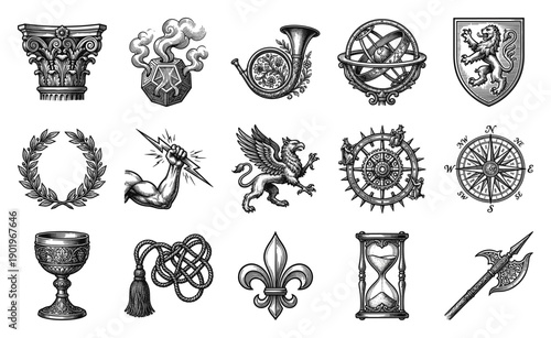 Vintage Woodcut Engraving Heraldic Symbols Element Kit for Historical Fantasy and Mythology Designs