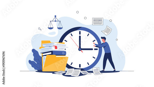 Businessman adjusting a large clock, surrounded by scattered documents, a folder, and a scale of justice, symbolizing time management.