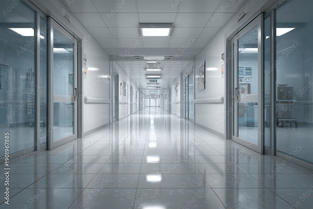 Naklejka premium Wide perspective of a medical facility hallway, doors to patient rooms, sterile 3D render