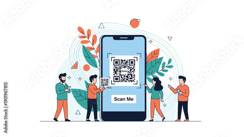 Group of diverse individuals actively scanning QR codes on a large smartphone, symbolizing digital payment and convenient information access.