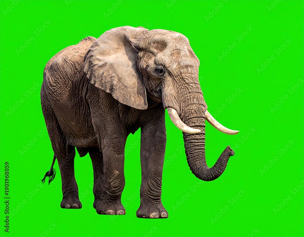 Fototapeta premium Large adult elephant with tusks, isolated on a bright green background