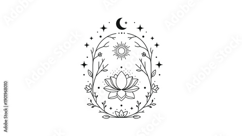Beautiful mystical floral design featuring a radiant lotus flower, sun, moon, and stars enclosed within an elegant oval frame.
