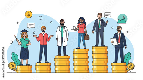 Diverse professionals from various careers standing on escalating stacks of coins, symbolizing career growth, merit, and financial success.