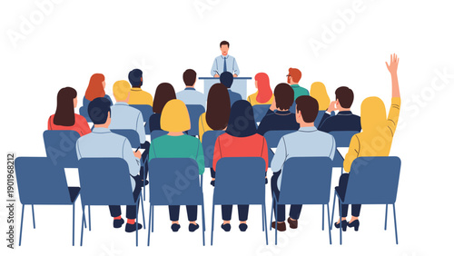 Engaging speaker presenting to a diverse and attentive audience in a conference or lecture hall, with one hand raised for a question.