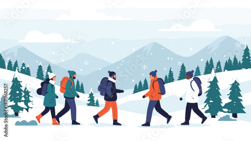 Diverse group of adventurous people hiking through a picturesque snowy mountain landscape with evergreen trees.