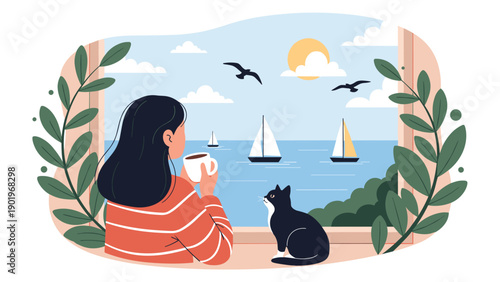Serene woman and her black cat gaze peacefully out a window at a beautiful sea with sailboats under a sunny sky.