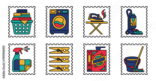 Flat Line Art Laundry and Domestic Cleaning Postage Stamp Collection for Home Management and Housekeeping Projects