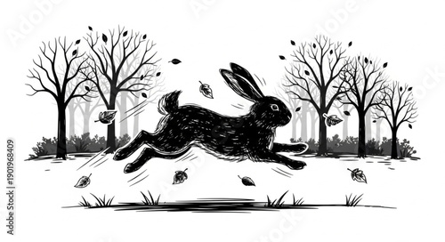 Black Rabbit Running Through Autumn Trees.