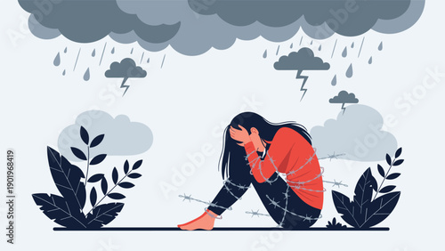 Depressed woman curled up and bound by barbed wire under stormy, rainy clouds, powerfully symbolizing mental health struggles and despair.