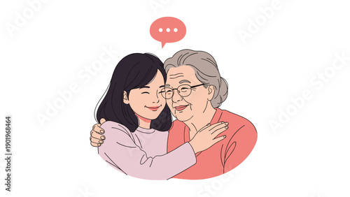 Affectionate young woman lovingly embracing an older woman, with a speech bubble above, symbolizing family connection and care.