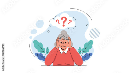 Confused elderly woman with hands on her head, surrounded by question marks in a thought bubble, symbolizing memory loss or uncertainty.