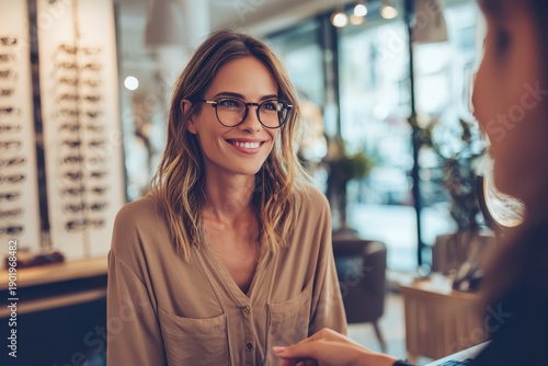 Young woman testing new eyeglasses with an optician in a modern eyewear store