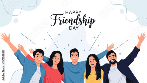 Diverse group of happy friends with arms joyfully raised, celebrating "Happy Friendship Day" with smiles and enthusiasm.