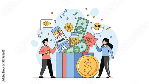 Happy people receiving an abundance of money, rewards, and discount coupons from a large, open gift box, symbolizing bonuses.