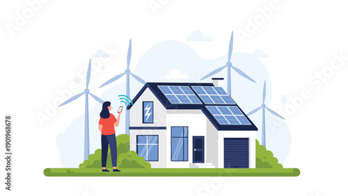 Woman interacts with smart home technology on her smartphone, standing before an eco-friendly house equipped with solar panels and wind turbines, symbolizing sustainable living.