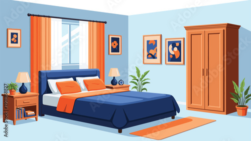 Cozy and modern bedroom interior design featuring a comfortable blue bed with vibrant orange bedding and curtains, complemented by stylish wooden furniture and green plants.
