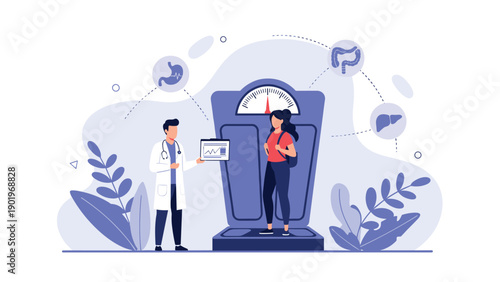 Doctor reviews a health chart with a woman standing on a weighing scale, surrounded by illustrations of internal organs, symbolizing weight management, medical check-ups, and wellness.