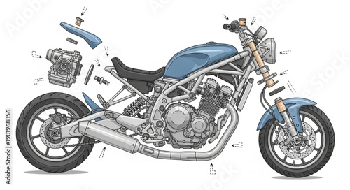 Blue motorcycle detailed illustration on white background.