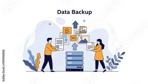 Two individuals collaborate on data backup, transferring important documents and digital images to a secure server rack, ensuring information security and reliable storage.