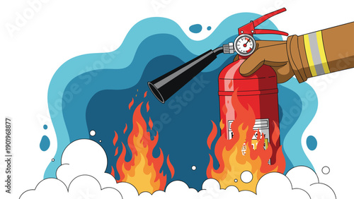 Firefighter's gloved hand expertly uses a bright red fire extinguisher to combat intense flames and thick smoke, symbolizing emergency response and fire safety.