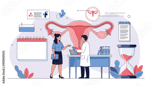 Female patient consults a male doctor in a gynecology office, with a large female reproductive system diagram, calendar, and hourglass, symbolizing women's health and fertility planning.