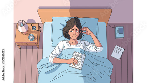 Worried woman lies awake in bed at night, holding a document and appearing stressed, symbolizing insomnia, anxiety, or late-night work concerns in a dimly lit bedroom.